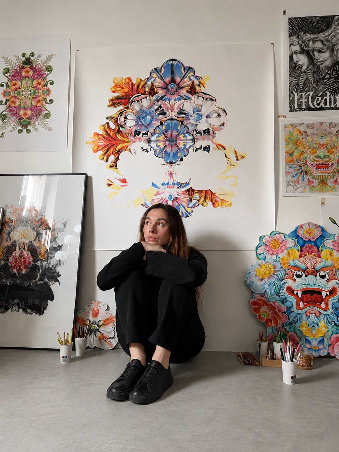 Lou Picault dans son atelier entouree de ses oeuvres